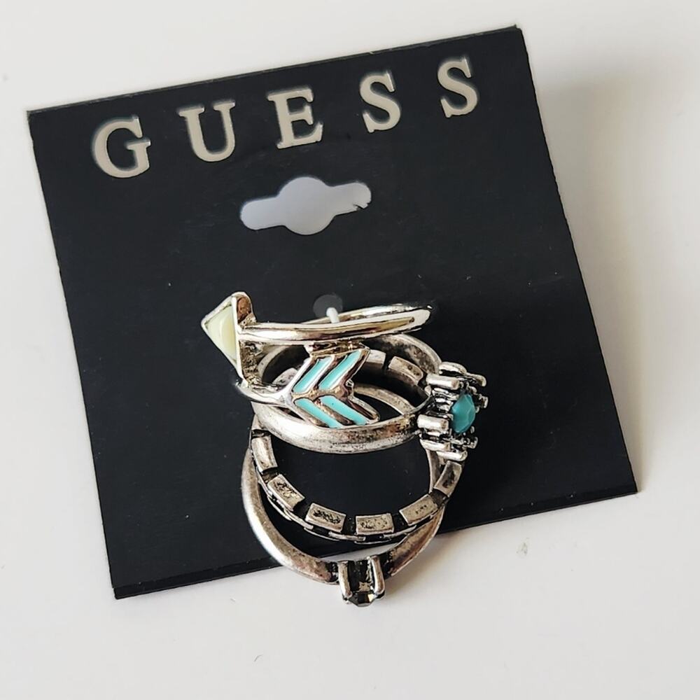 Guess Silver Ring Set with Turquoise and Black Accents